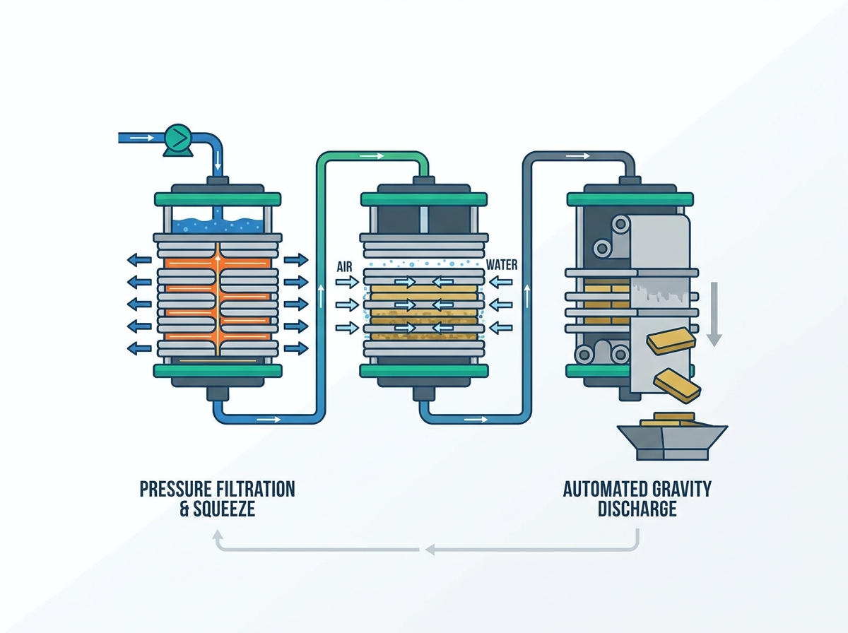 Equipos de filtro prensa industrial que separan l&iacute;quidos y s&oacute;lidos en una instalaci&oacute;n automatizada moderna
